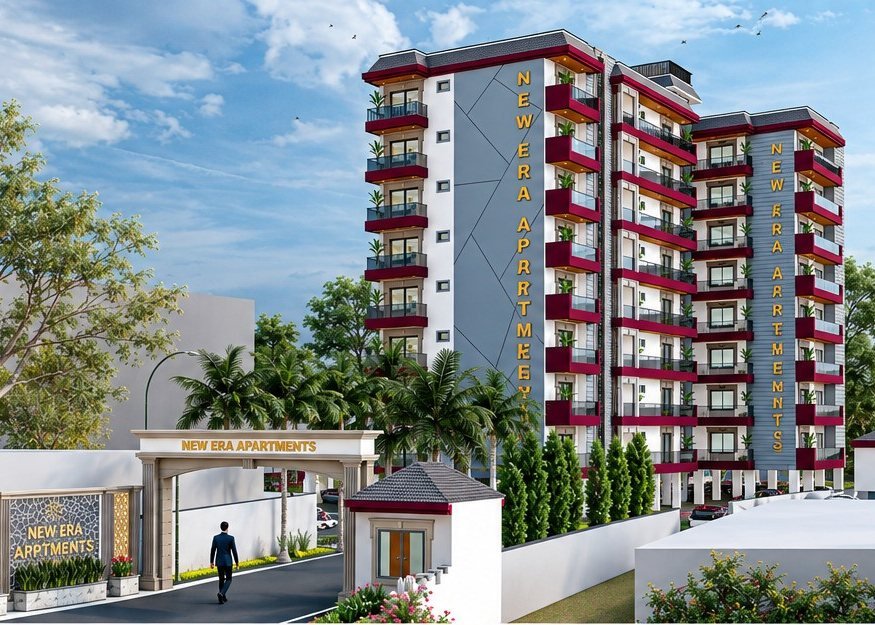 New Era Apartments residential wings with landscaped gated entrance