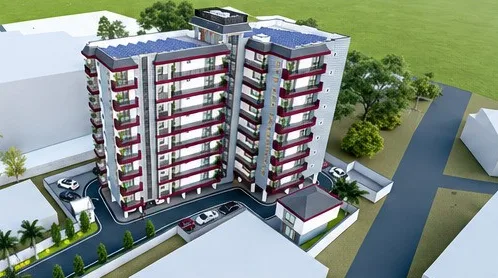 Aerial view of New Era Apartments showing rooftop solar panels and internal driveway